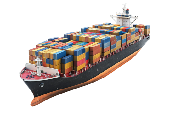 Industrial container ship with stacked containers on deck isolated on transparent background