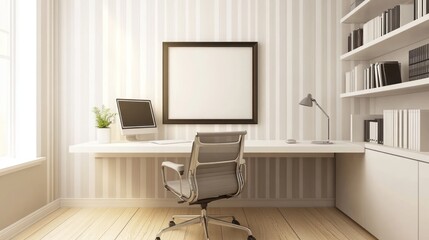 Modern home office with blank frame, workspace, and bookshelves