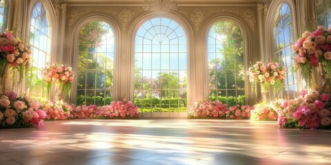 A stunning ballroom featuring elegant design and abundant natural light. 