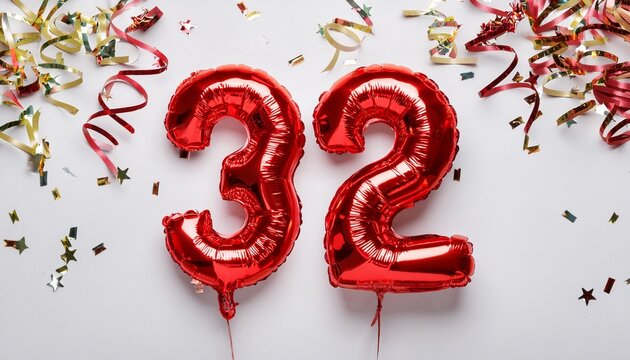 Red balloon number 32 for thirty-second birthday or anniversary party. White background with confetti