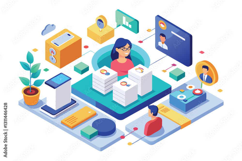 Poster a user engages with customizable profile data in a vibrant isometric design showcasing digital inter