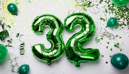 Green balloon number 32 for thirty-second birthday or anniversary party. White background with confetti