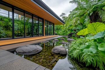 Fototapeta premium A modern structure with large glass windows surrounded by lush greenery, rocks, and water, creating a serene and harmonious outdoor space.
