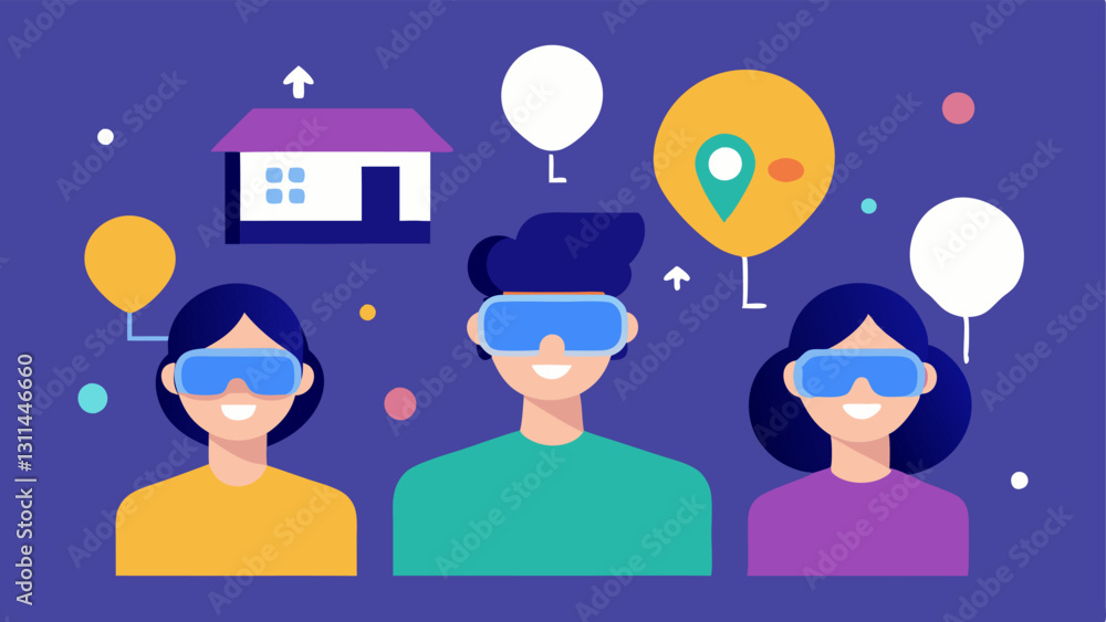 Poster virtual open house a graphic showing multiple potential buyers in vr headsets walking through a virt
