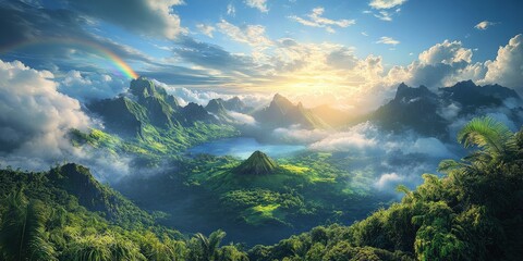 A verdant mountain vista bathed in golden sunlight filtering through soft, billowy clouds against a...