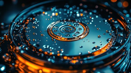 Close-up HDD platter with water droplets, digital rendering