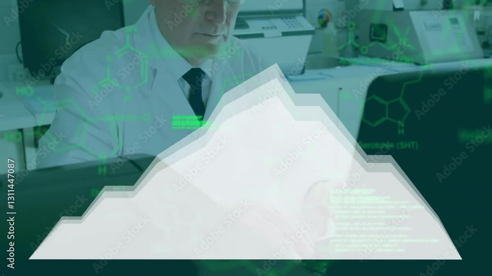 Poster analyzing data, scientist in laboratory working with chemical formulas and animation