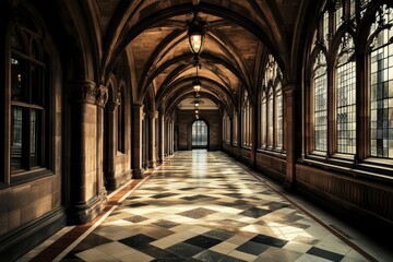 Fototapeta premium Sunlight illuminating checkered floor in gothic hallway with high windows and vaulted ceiling