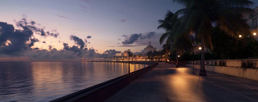 Havana&rsquo;s iconic Malecon seafront promenade during twilight