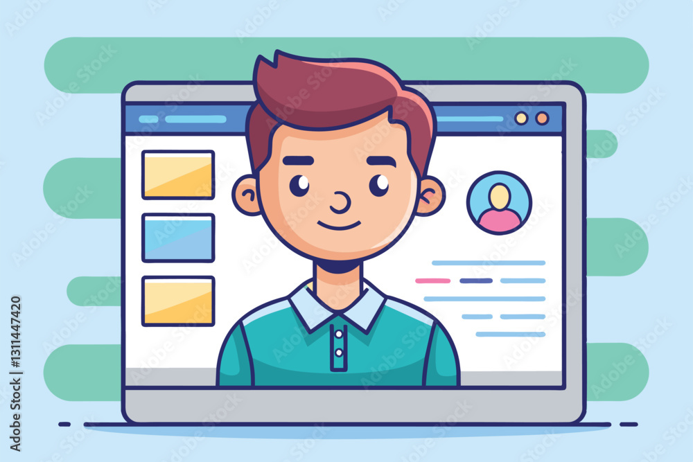 Poster a cartoon character appears on a customizable interface, highlighting personal details and options, 
