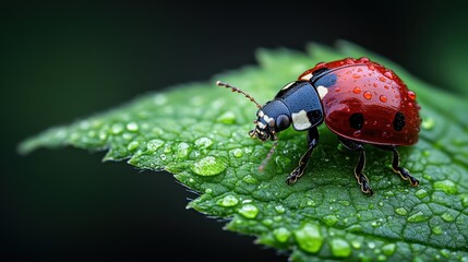A stunning close-up of a vibrant ladybug adorned with droplets of water, resting delicately on a rich green leaf, showcasing nature's intricate beauty and detail.