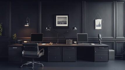 Modern dark office, dual desks, city view, elegant interior, workspace
