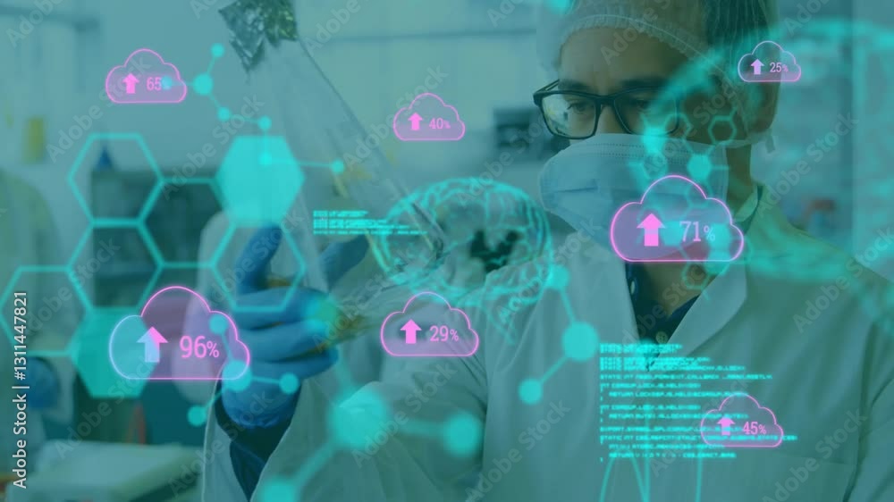 Poster analyzing animation of digital brain and cloud graphics, scientist in lab coat