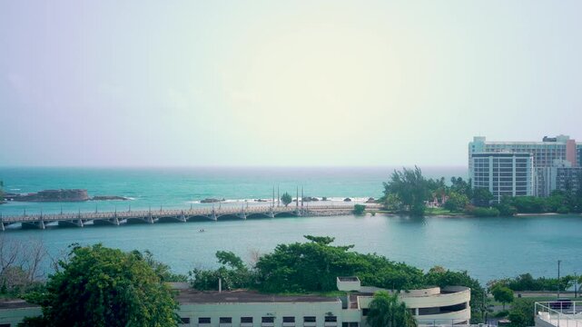 Stunning View Of Condado Beach Waterfront Luxury Skyline On Sunny Day In San , Puerto Rico. Static, High-Angle Shot