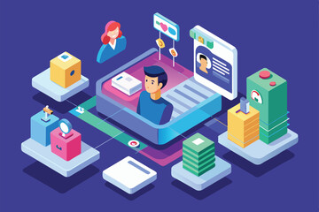 Fototapeta premium A customizable profile interface featuring user interaction elements, showcasing options and services, Profile interface Customizable Isometric Illustration