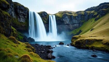 Icelandic waterfall cascades over moss-covered rocks , shadow, travel