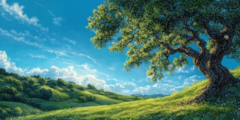 A majestic oak stands on a verdant hill under a deep blue sky dotted with fluffy white clouds. Its...