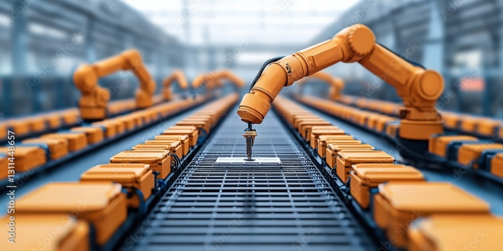 Poster maintenance technical automation optimization concept. industrial robotic arm working on a productio