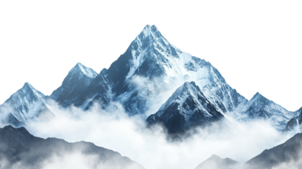 "Imposing mountain peaks with glistening snow-covered summits, isolated on a transparent background