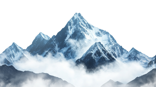 "Imposing mountain peaks with glistening snow-covered summits, isolated on a transparent background
