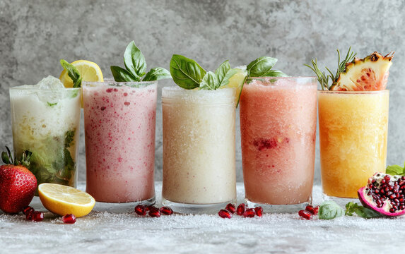 Five frozen fruit drinks with garnishes