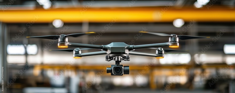 Poster maintenance technical automation optimization concept. drone hovering in a factory setting with blur