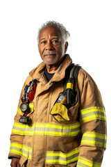 Fototapeta premium Firefighter standing confidently in specialized gear with helmet chest harness and equipment isolated on white background showcasing bravery and professionalism.