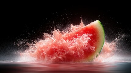 This captivating image shows a vibrant watermelon chunk splashing into water, creating an explosion of freshness and color against a dark background.