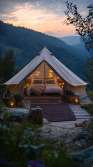 Modern glamping tent with panoramic mountain views, cozy pillows, candles, fireplace inside.