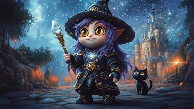 Adorable fantasy wizard child with a black cat, standing before a magical castle at night.  Perfect for children's books, games, or whimsical fantasy art. seamless looping time-lapse animation