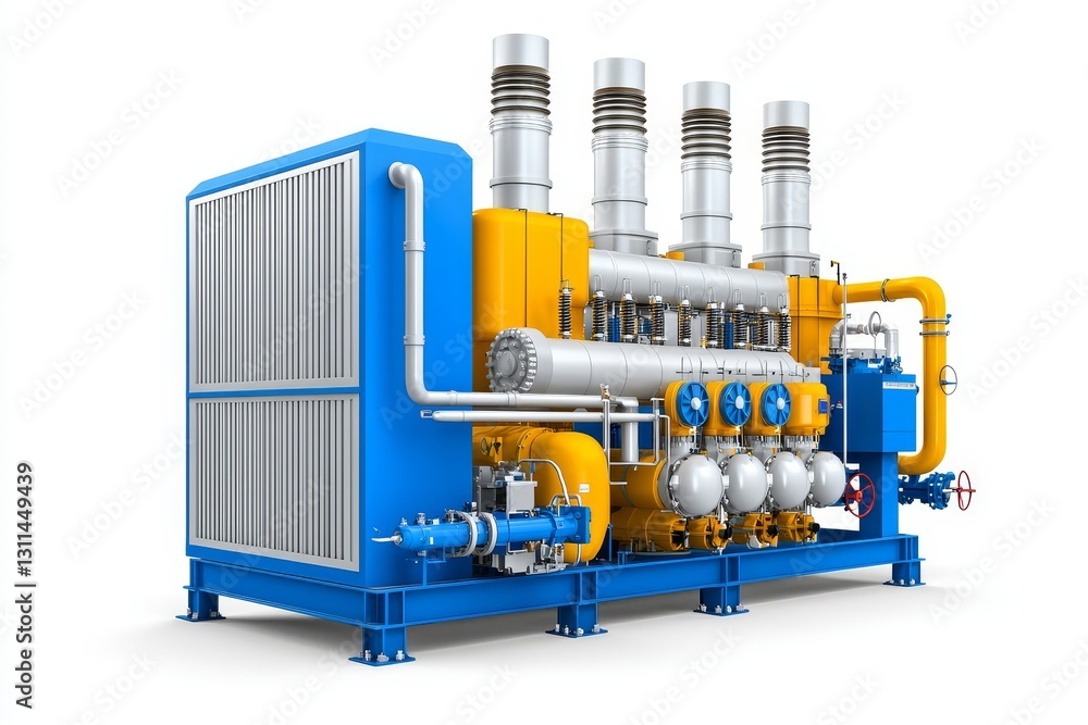 Poster a vibrant industrial machine featuring multiple pipes and valves, designed for processing or transpo