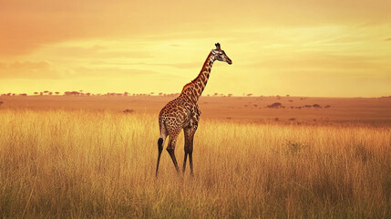 Obraz premium Serene giraffe standing among tall grass at sunset in savannah