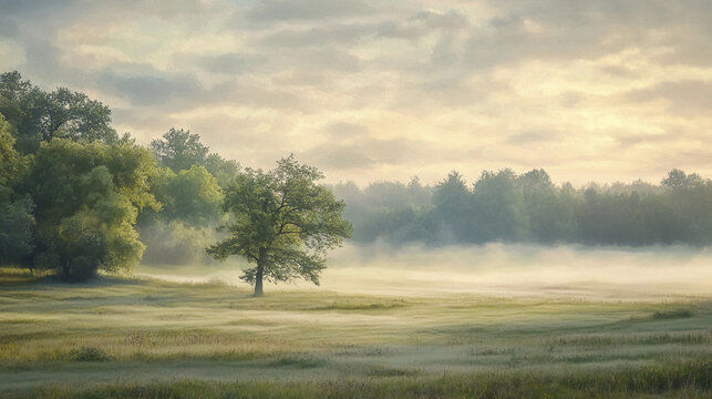 Serene landscape of rolling meadows veiled in morning mist