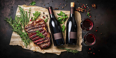Overhead shot of a grilled steak with two bottles of red wine and glasses, surrounded by herbs and spices.