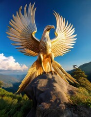 Majestic golden eagle statue perched on a rock against a blue sky in a mountainous landscape