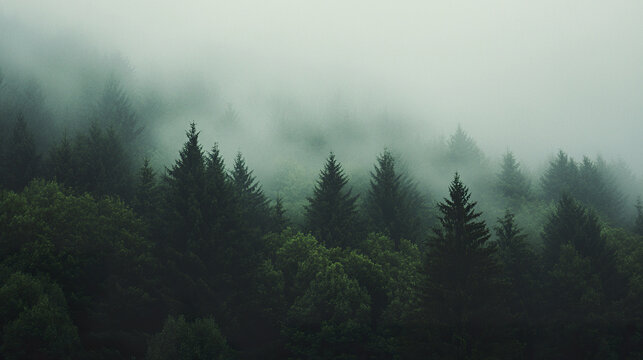 Misty forest with deep green hues fading into distance