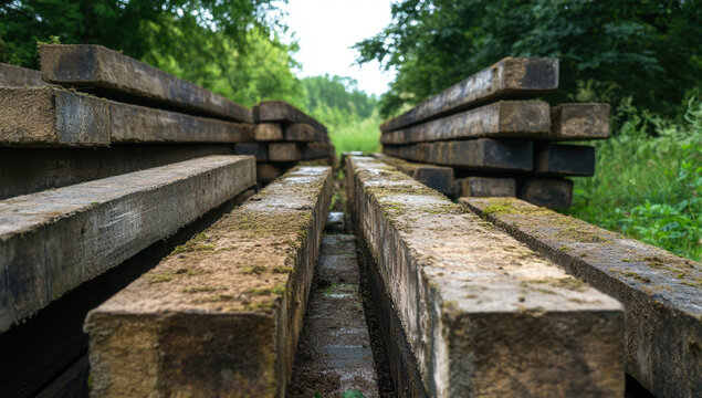 Two parallel rows of concrete railway tracks are visible, bordered by lush greenery. The setting features a peaceful natural landscape under daylight, ideal for transport infrastructure