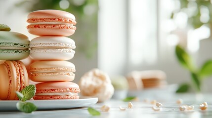 An enticing arrangement of colorful macarons topped with mint leaves, creating a fresh and inviting look that appeals to lovers of sophisticated desserts and stylish presentations.