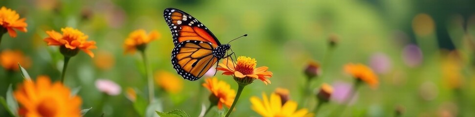 Obraz premium Vibrant monarch butterfly on wildflowers, wings outstretched, flower, outdoor