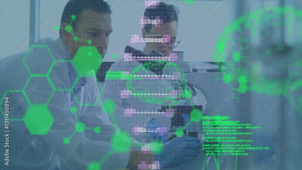 Poster in laboratory, scientists analyzing dna strand with data processing animation overlay