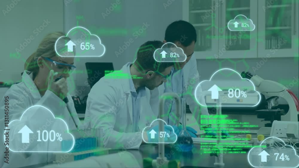 Aufkleber in school, scientists in lab coats working with cloud data animation overlay