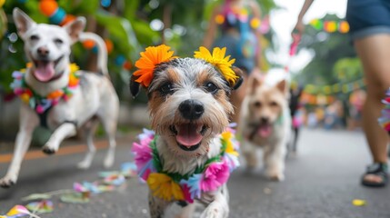Playful Songkran pet parade animals in festive attire