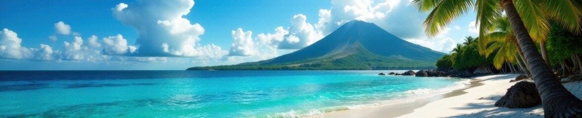 Volcanic peak overlooks vibrant coral reef, palm fringed shore , getaway, scenic