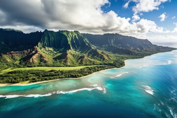 Fototapeta premium Hanalei Bay Aerial: A breathtaking aerial view of Hanalei Bay in Kauai, Hawaii, showcasing the vibrant turquoise ocean meeting the lush green mountains under a dramatic sky.