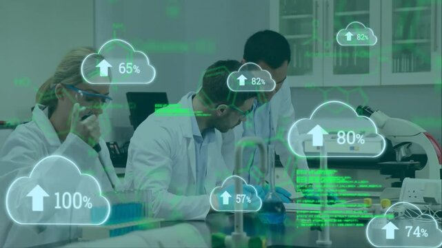 In school, scientists in lab coats working with cloud data animation overlay