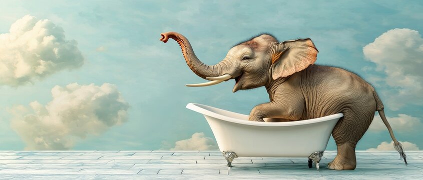 An elephant playfully sits in a bathtub against a whimsical sky backdrop, creating a surreal and imaginative scene.