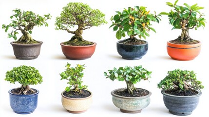 Fototapeta premium Collection of colorful bonsai trees arranged on display with various shapes and sizes