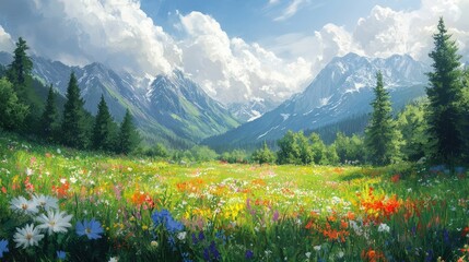 A vivid oil painting captures a wildflower meadow beneath a snowy mountain range, set against a...