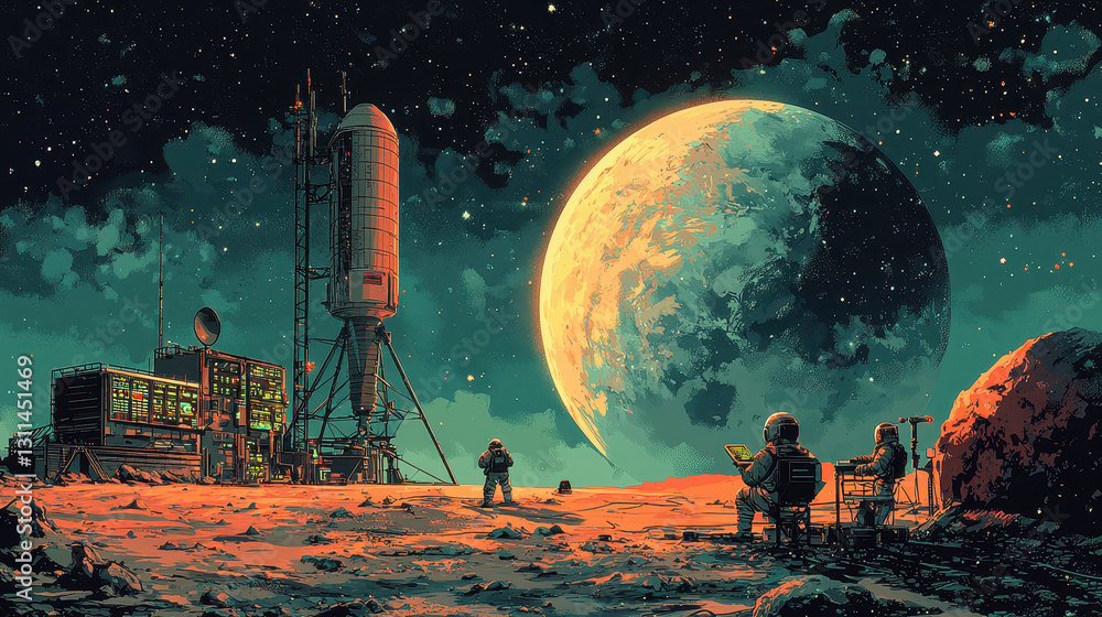 Aufkleber giant satellite array transmits signals from lunar base while astronauts monitor control panels