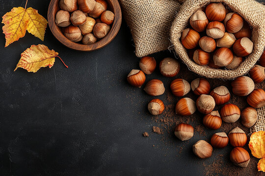 Hazelnuts in a wooden bowl and burlap sack, with autumn leaves on a dark background.  Perfect for fall recipes and food blogs.